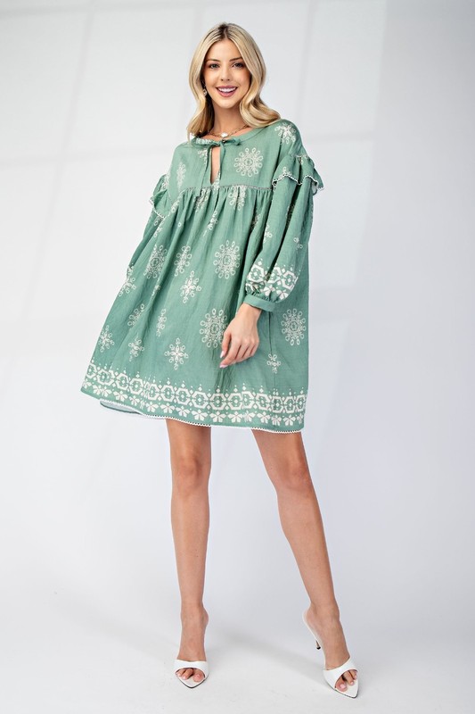 Light Sage Gigio By Umgee Long Sleeve Babydoll Dress W/ Ruffle Detail Sz Small
