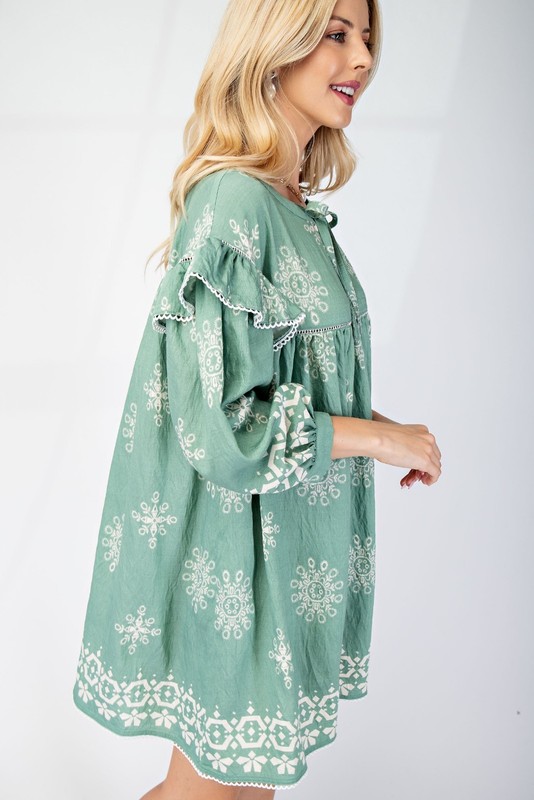 Light Sage Gigio By Umgee Long Sleeve Babydoll Dress W/ Ruffle Detail Sz Small