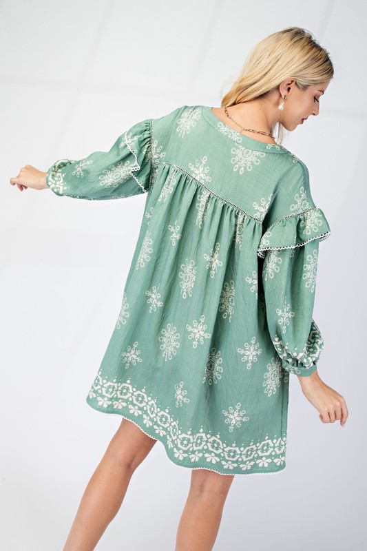 Light Sage Gigio By Umgee Long Sleeve Babydoll Dress W/ Ruffle Detail Sz Small