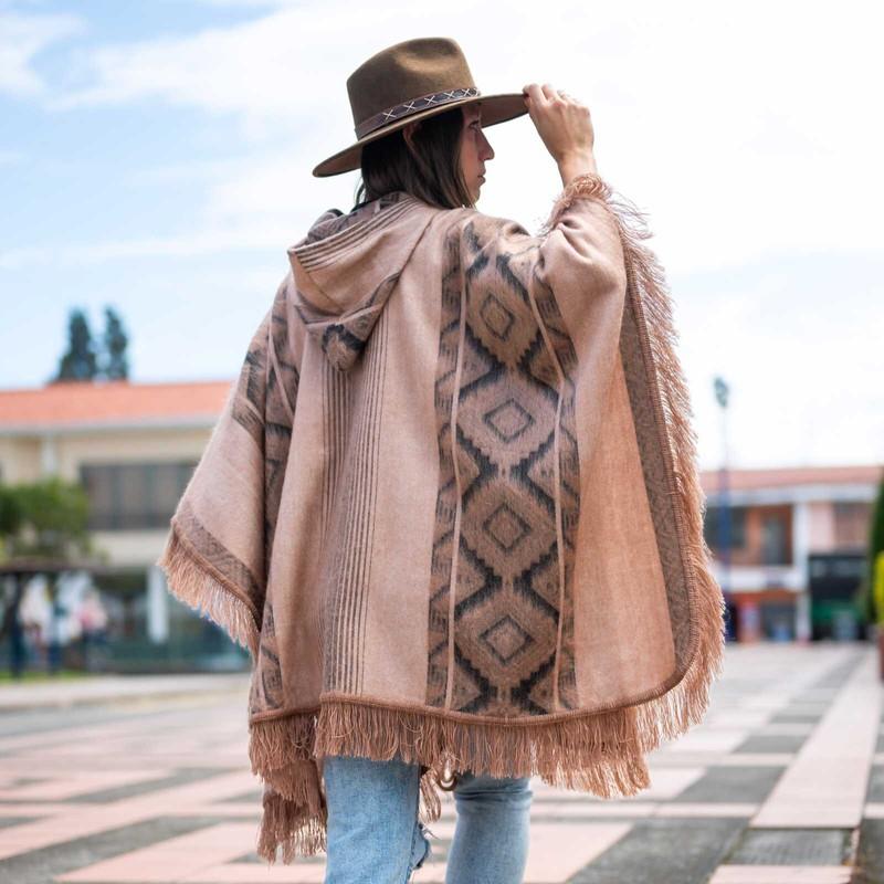 LIGHTWEIGHT BABY ALPACA WOOL HOODED PONCHO FRINGE UNISEX TAUPE & CHARCOAL