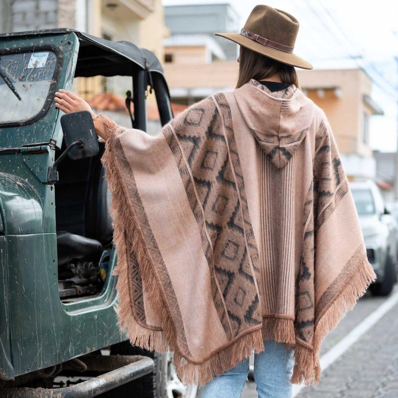 LIGHTWEIGHT BABY ALPACA WOOL HOODED PONCHO FRINGE UNISEX TAUPE & CHARCOAL