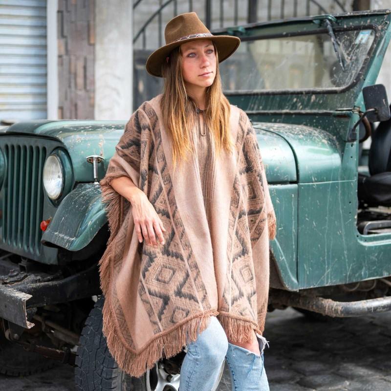 LIGHTWEIGHT BABY ALPACA WOOL HOODED PONCHO FRINGE UNISEX TAUPE & CHARCOAL