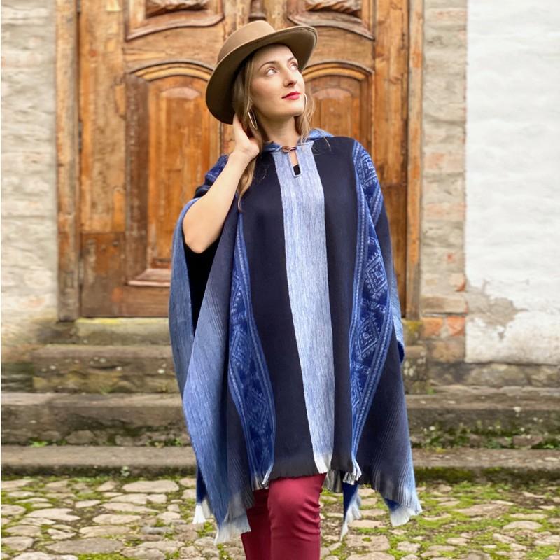 Lightweight BABY ALPACA Wool Hooded Poncho Pullover UNISEX Boho Ethnic Festival