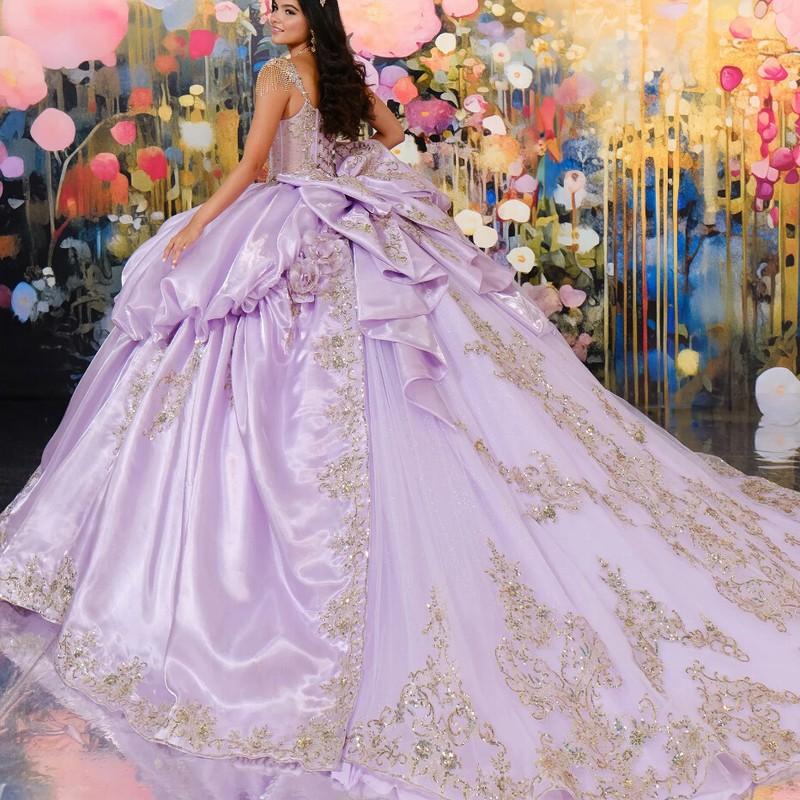 Lilac/Blue Quinceanera Dress Ball Gown Gold Lace Applique Beads Tiered Sweet 16