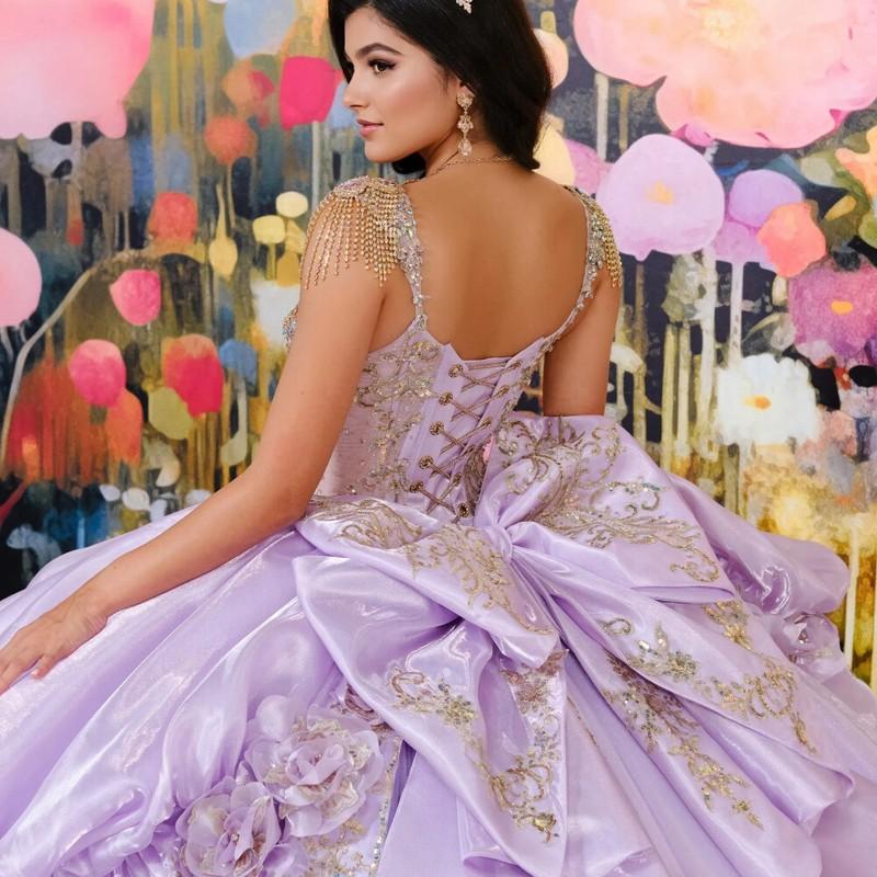 Lilac/Blue Quinceanera Dress Ball Gown Gold Lace Applique Beads Tiered Sweet 16