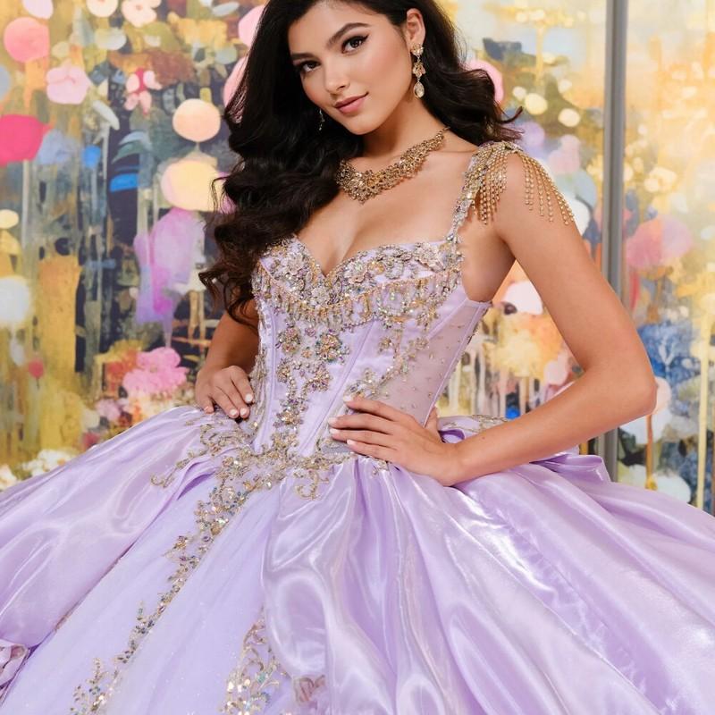 Lilac/Blue Quinceanera Dress Ball Gown Gold Lace Applique Beads Tiered Sweet 16