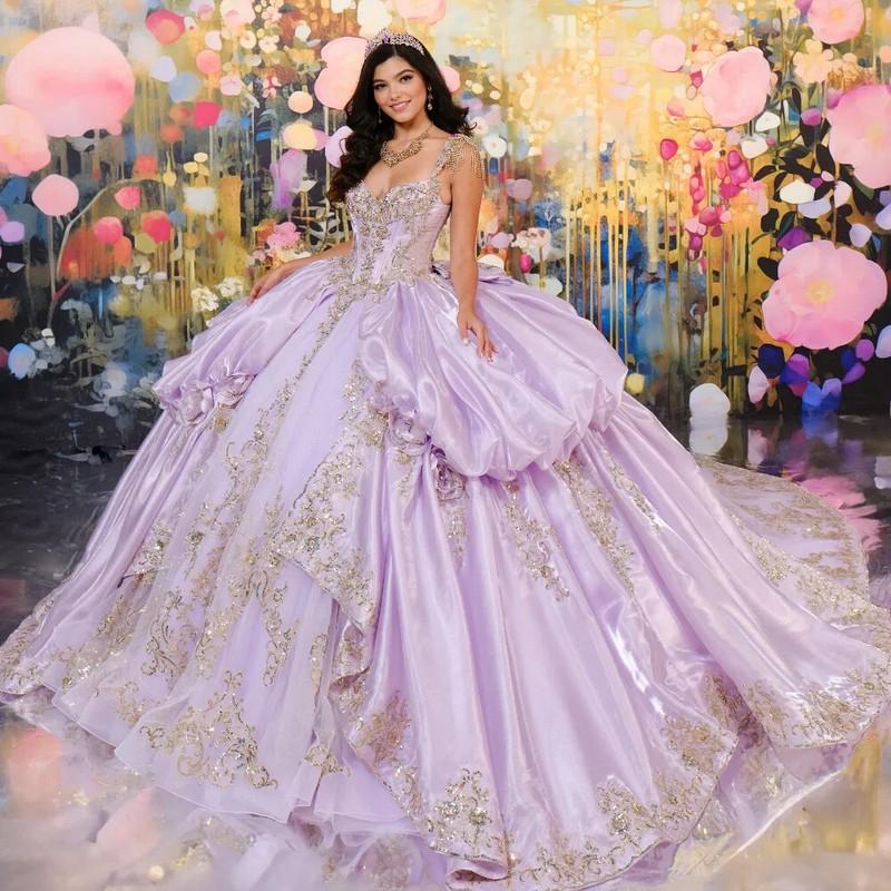 Lilac/Blue Quinceanera Dress Ball Gown Gold Lace Applique Beads Tiered Sweet 16