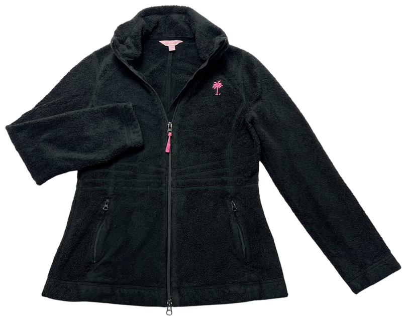 Lilly Pulitzer Jacket Womens (XS) Black Maddie Full Zip Fuzzy Fleece Palm Logo