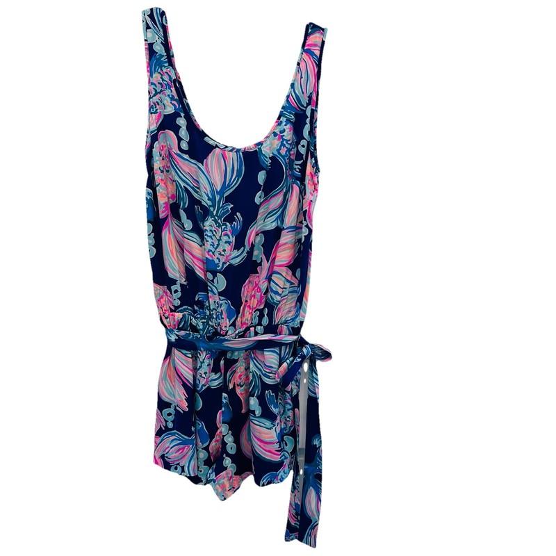 Lilly Pulitzer Rina Romper Women's XS Blue Beachy Coastal Pink Koi Fish W/Belt