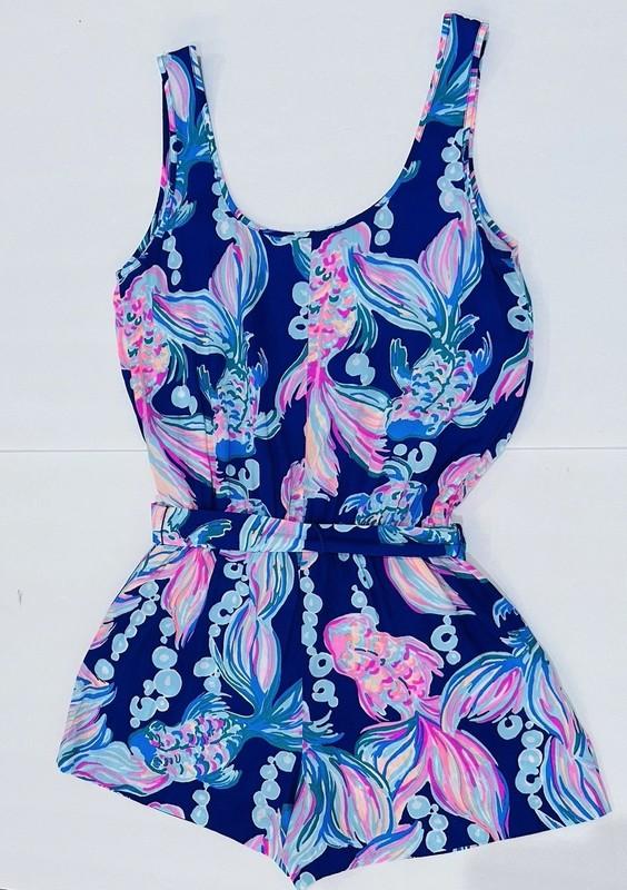 Lilly Pulitzer Rina Romper Women's XS Blue Beachy Coastal Pink Koi Fish W/Belt