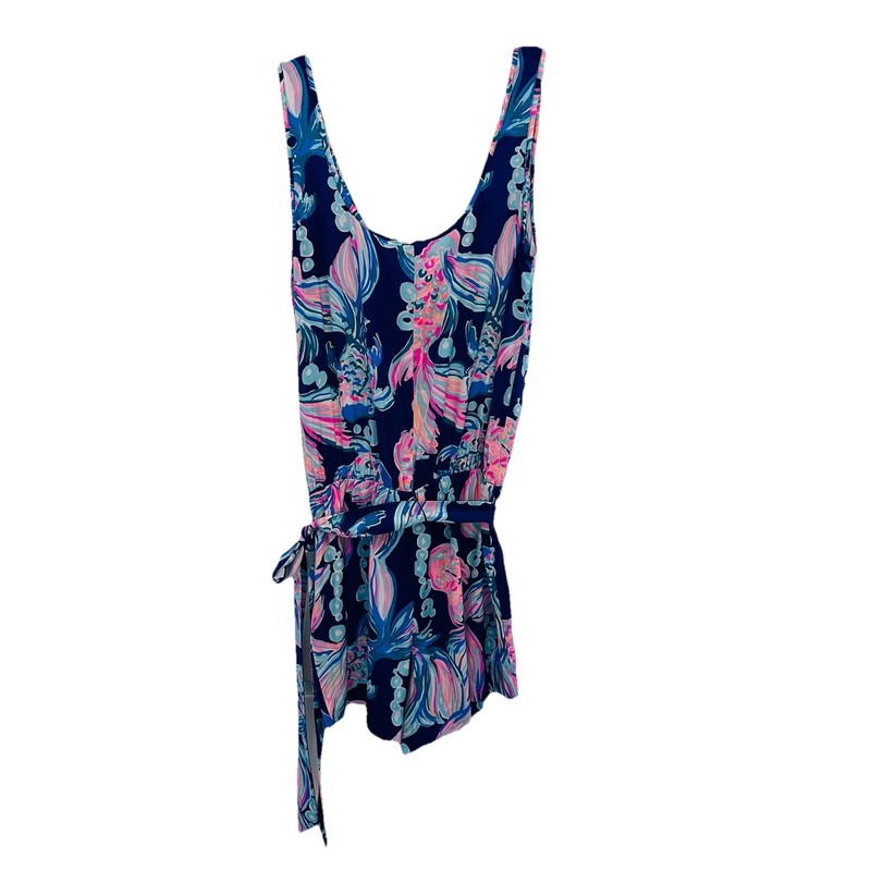 Lilly Pulitzer Rina Romper Women's XS Blue Beachy Coastal Pink Koi Fish W/Belt
