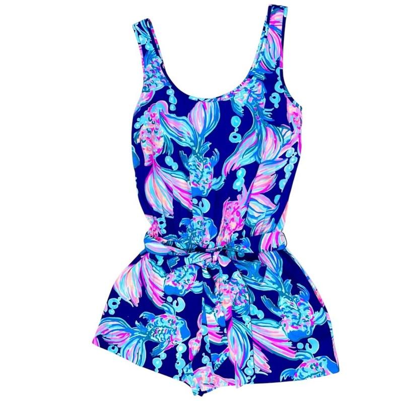 Lilly Pulitzer Rina Romper Women's XS Blue Beachy Coastal Pink Koi Fish w/Belt