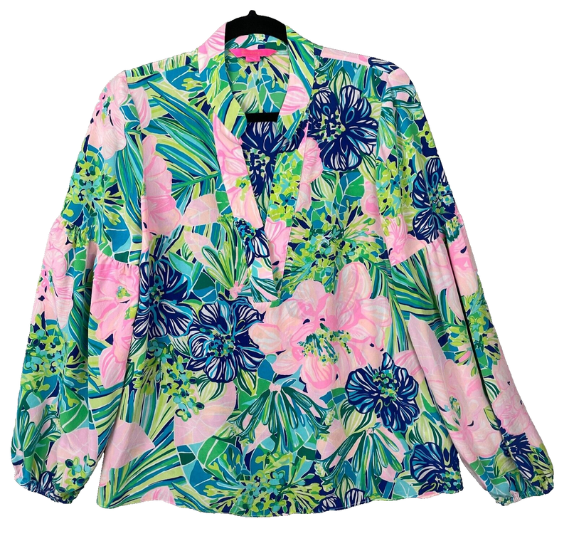 Lilly Pulitzer Shea Silk Tunic Top Popover Medium Resort Pink Island Escape EUC
