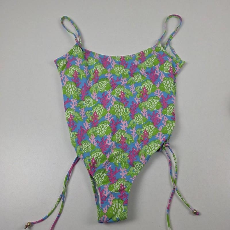 Lilly Pulitzer Swimsuit Womens 18 One-Piece Multicolor Fish Coral Print Side Tie