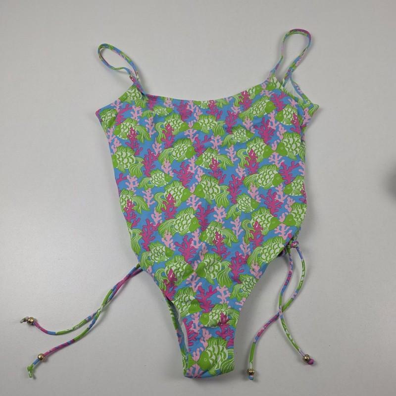 Lilly Pulitzer Swimsuit Womens 18 One-Piece Multicolor Fish Coral Print Side Tie
