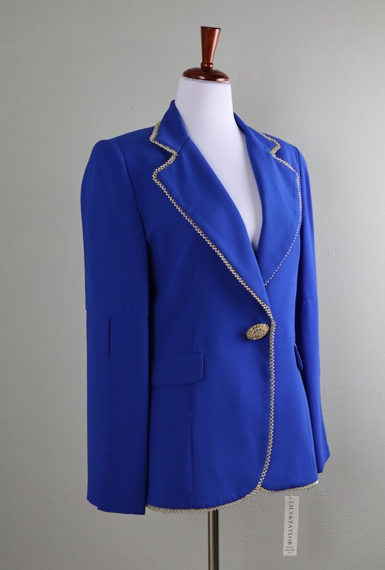 LILY & TAYLOR New York NWT Royal Blue Beaded Trim Blazer Jacket Top Size 12