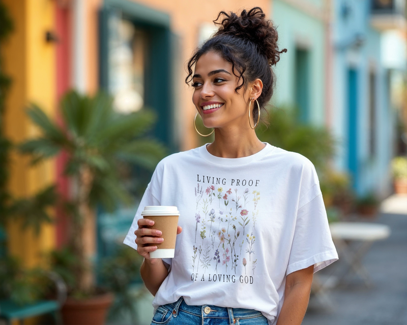 Living Proof Of A Loving God T-Shirt – Christian Faith Floral Graphic Tee A288