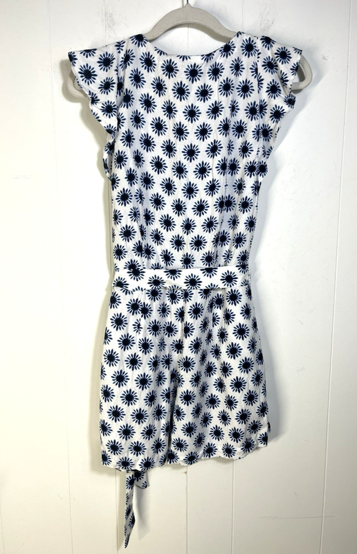 Loft Linen Blend Floral Short Romper White Blue Flutter Sleeve Pockets Size 2