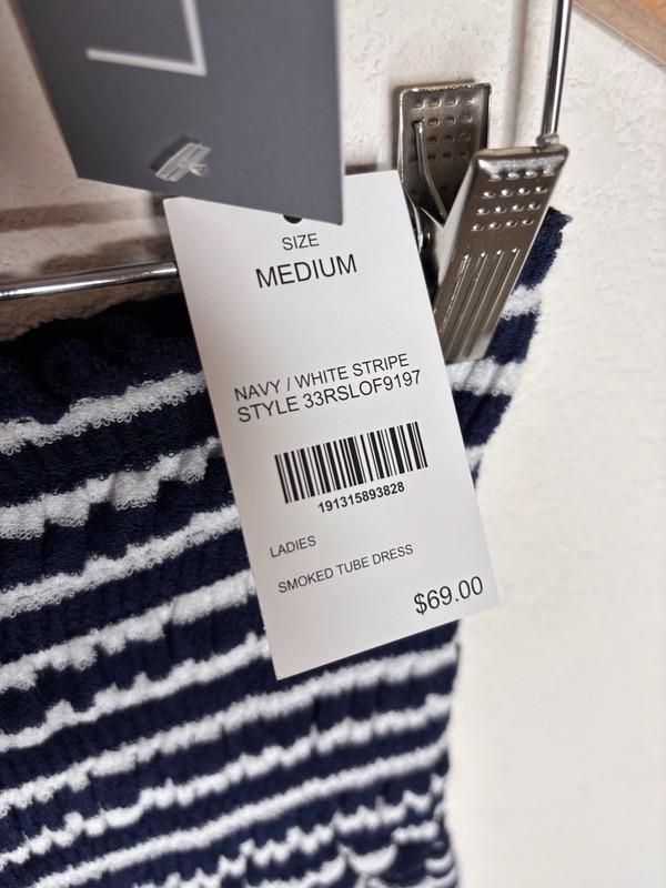 LOFT Swim Navy / White Stipe Smocked Tube Dress Swim Cover Up Size M NWT