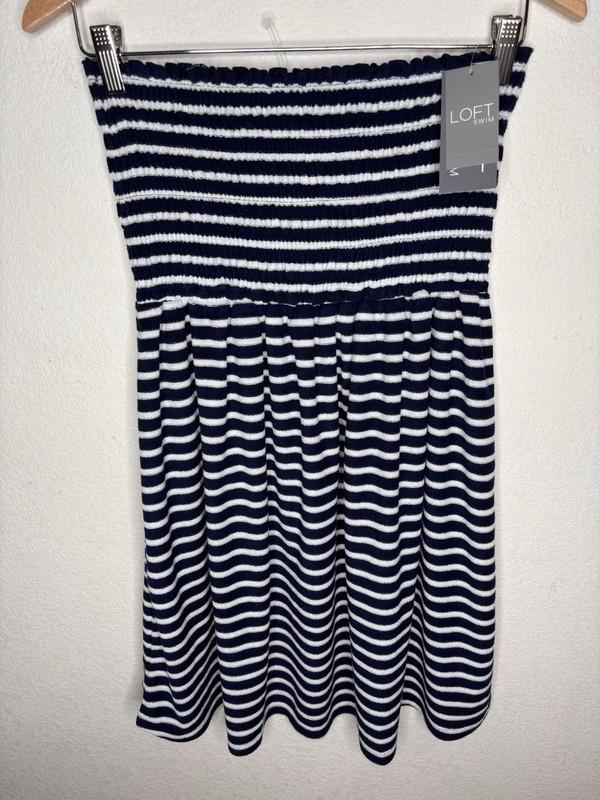 LOFT Swim Navy / White Stipe Smocked Tube Dress Swim Cover Up Size M NWT