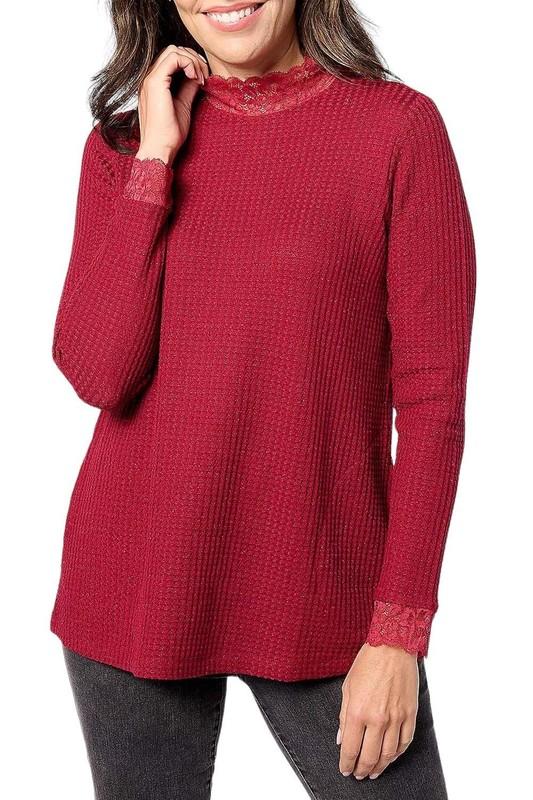 LOGO by Lori Goldstein Metallic Waffle Knit Mock Neck Top w/Lace Red