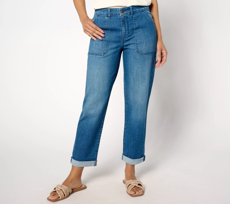 LOGO by Lori Goldstein Regular Boyfriend Jean with Fray Hem Medium Wash 8 New