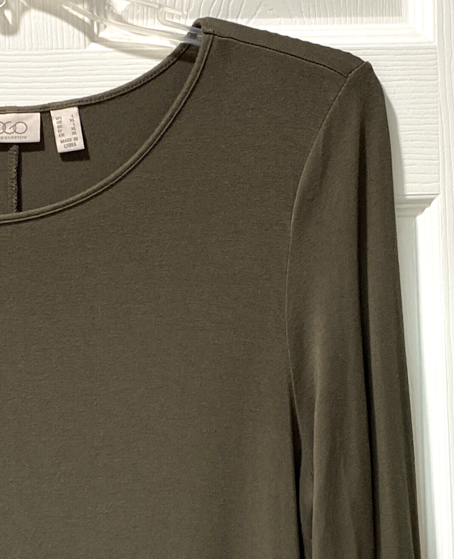 LOGO By Lori Goldstein Tunic Top Olive Green Lace Hem Long Sleeve Rayon Size L