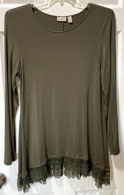 LOGO by Lori Goldstein Tunic Top Olive Green Lace Hem Long Sleeve Rayon Size L