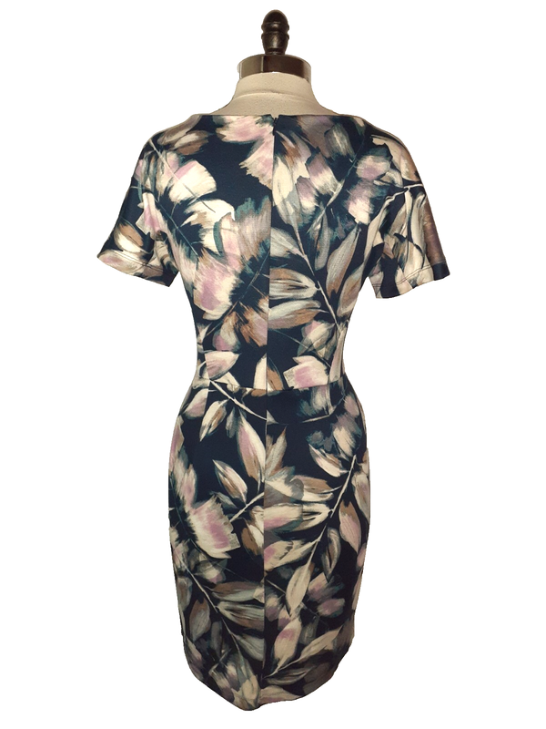 LONDON STYLE Size 16 Sheath Dress Blue Purple Ivory Floral Short Sleeve Stretch
