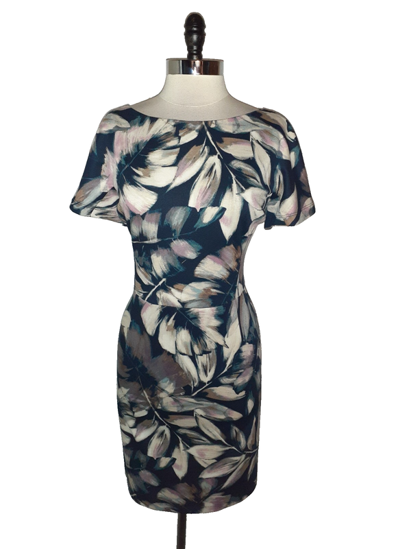 LONDON STYLE Size 16 Sheath Dress Blue Purple Ivory Floral Short Sleeve Stretch