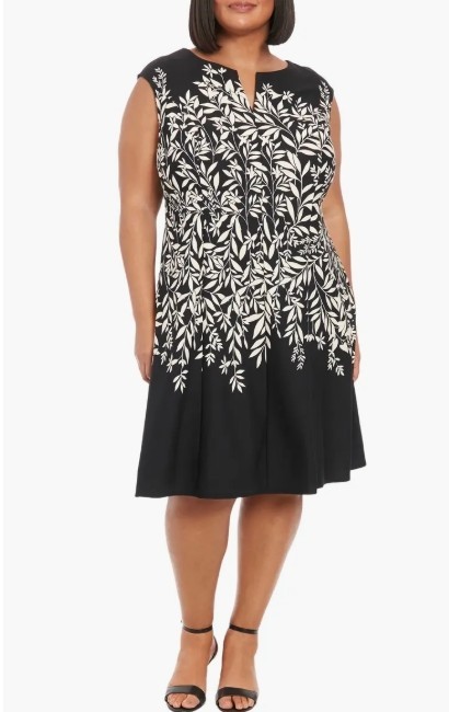 London Times Women's Plus Size 16W Elegant Black White Floral Fit & Flare Dress