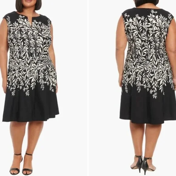 London Times Women's Plus size 16W Elegant Black White Floral Fit & Flare Dress