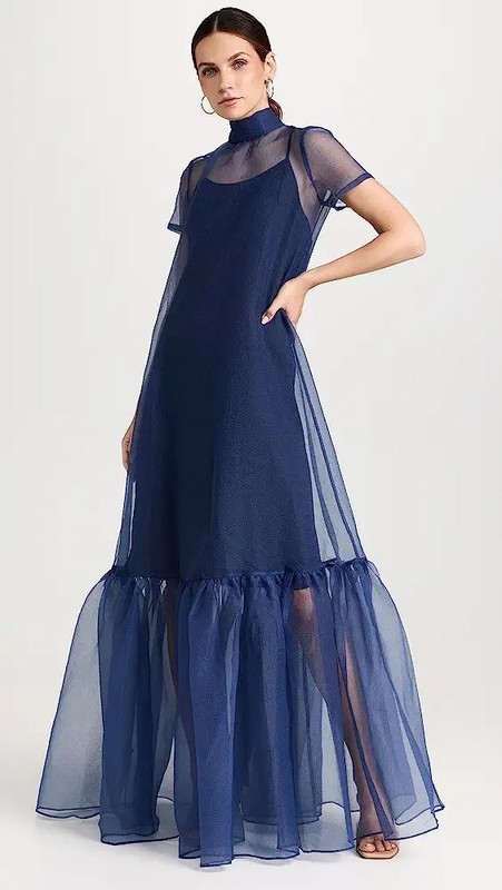Long Navy Blue Organza Dress Evening Party Cocktail Bridesmaid Wedding Gown