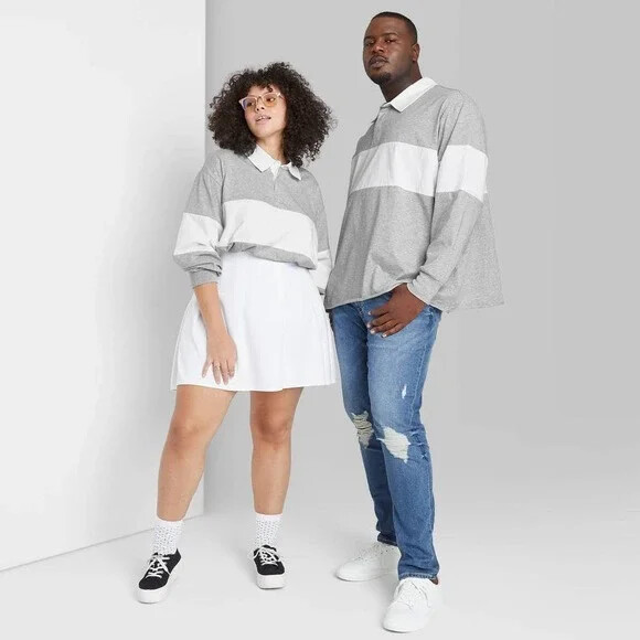 Long Sleeve Unisex Oversized Rugby Polo T-Shirt Wild Fable Gray Striped XXL