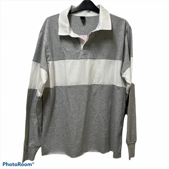 Long Sleeve Unisex Oversized Rugby Polo T-Shirt Wild Fable Gray Striped XXL
