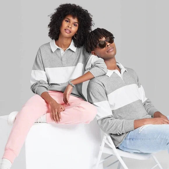 Long Sleeve Unisex Oversized Rugby Polo T-Shirt Wild Fable Gray Striped XXL