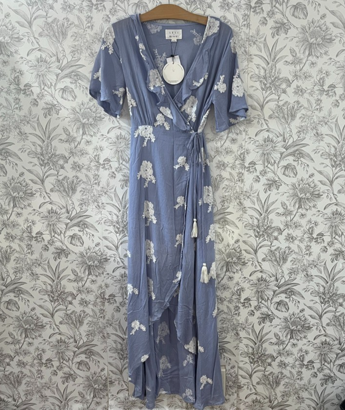 Lost + Wander Blue Maxi Wrap Dress Flower Power Embroidered High-Low Med NWT