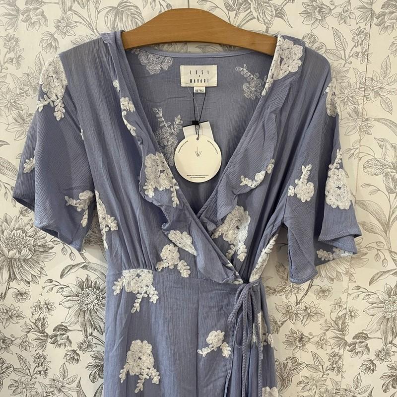 Lost + Wander Blue Maxi Wrap Dress Flower Power Embroidered High-Low Med NWT