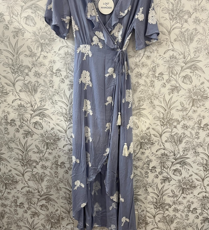 Lost + Wander Blue Maxi Wrap Dress Flower Power Embroidered High-Low Med NWT