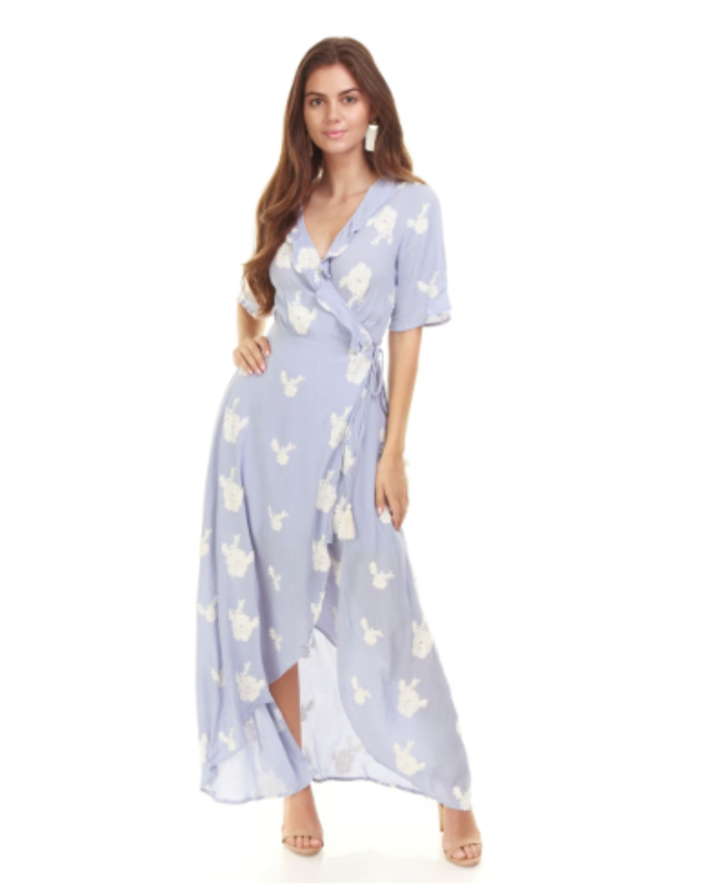 Lost + Wander Blue Maxi Wrap Dress Flower Power Embroidered High-Low Med NWT