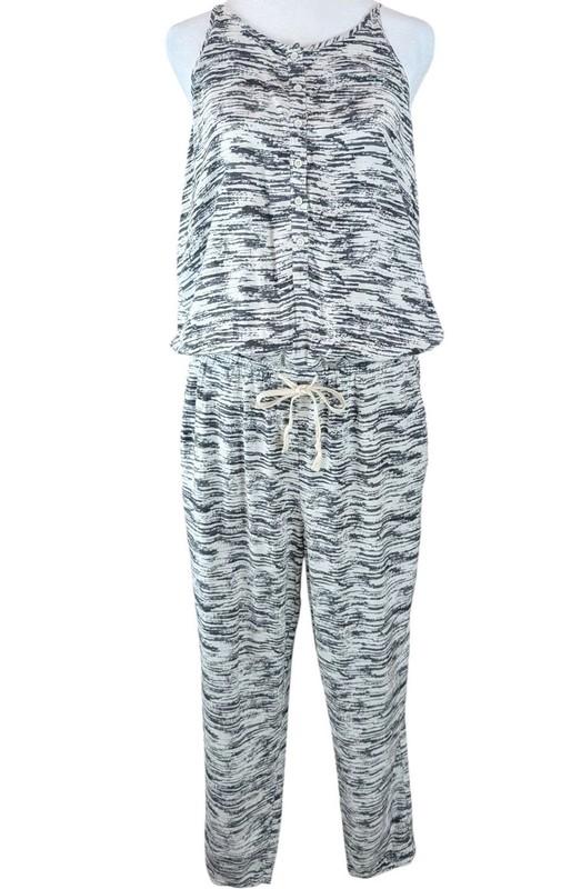 Lou & Grey Spaghetti Strap Jumpsuit Size Med Gray Ivory Drawstring-Waist Pockets