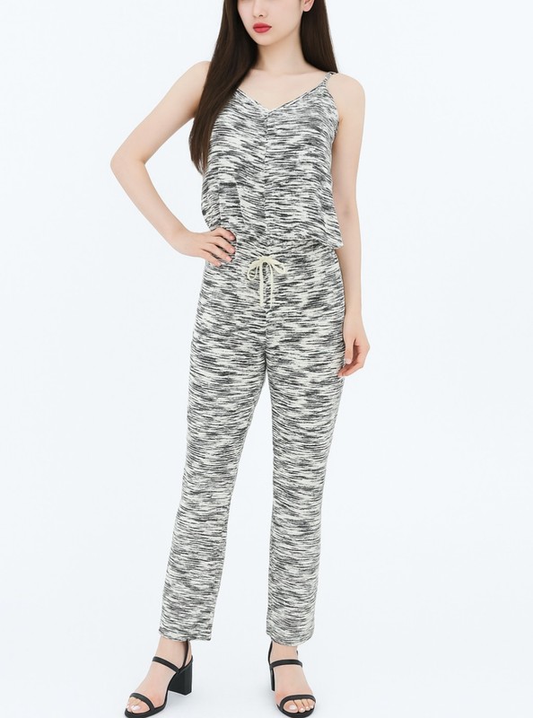 Lou & Grey Spaghetti Strap Jumpsuit Size Med Gray Ivory Drawstring-Waist Pockets