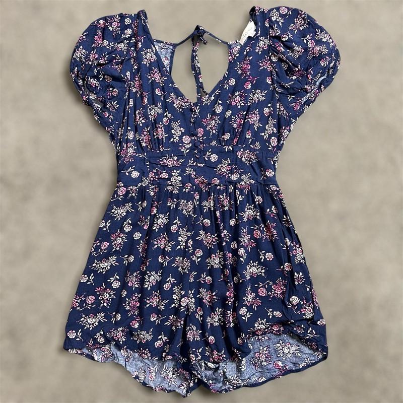 Louna Romper Large Navy Blue Dainty Ditsy Floral V-Neck Keyhole Puff Sleeve Pink