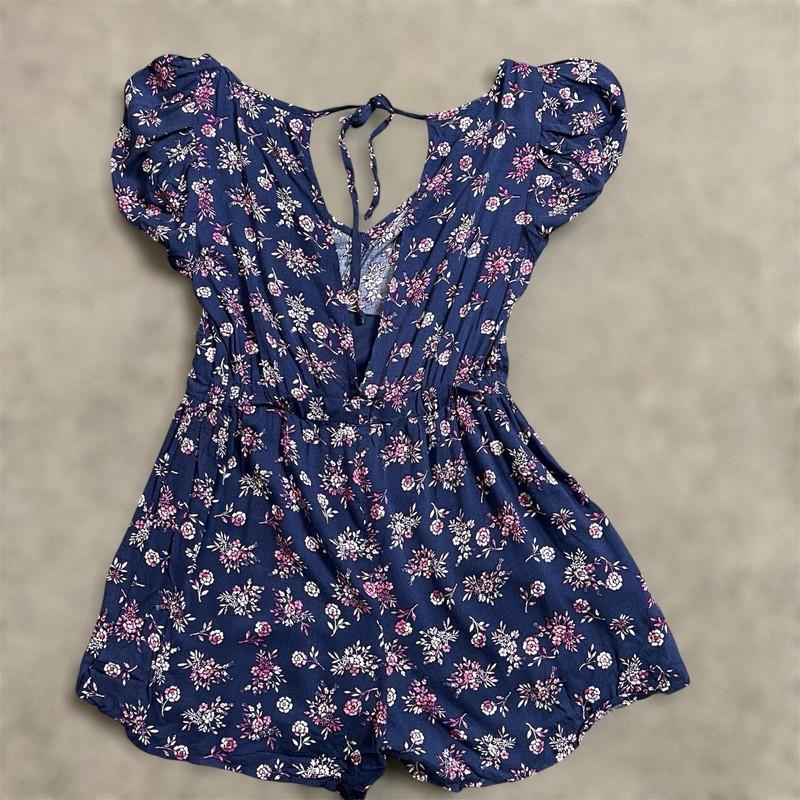 Louna Romper Large Navy Blue Dainty Ditsy Floral V-Neck Keyhole Puff Sleeve Pink