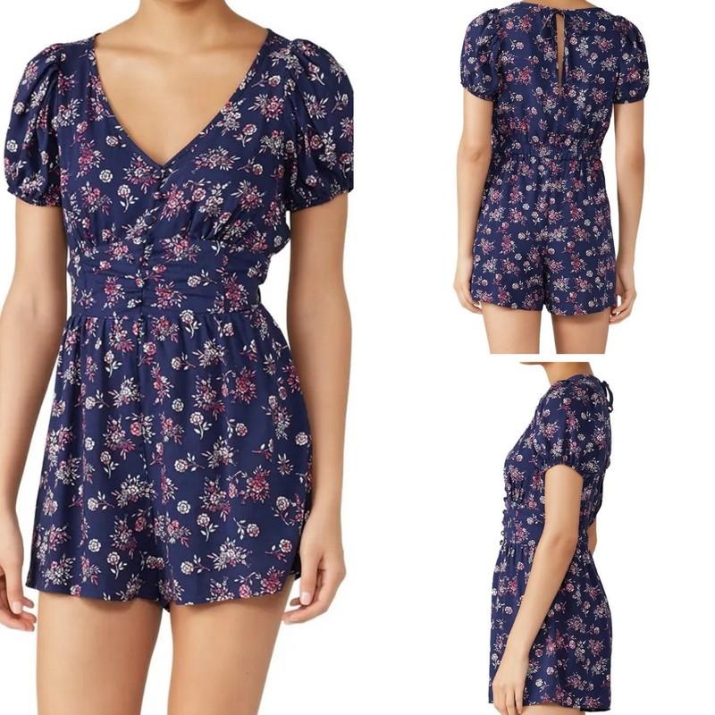 Louna Romper Large Navy Blue Dainty Ditsy Floral V-Neck Keyhole Puff Sleeve Pink
