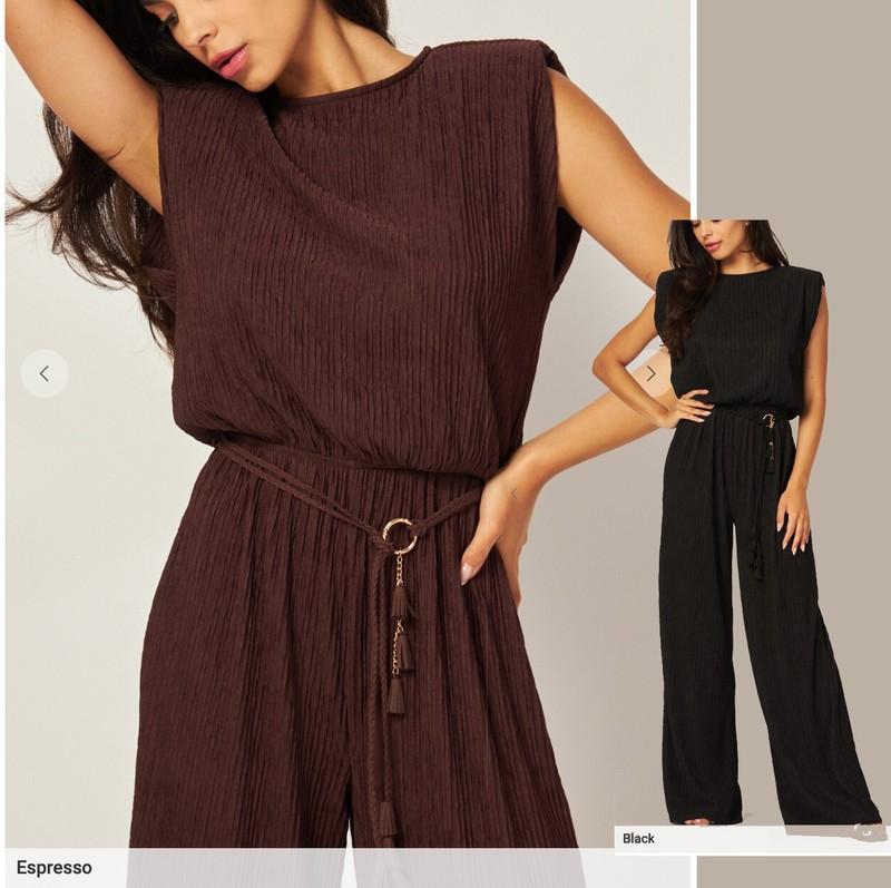 Love Poem IRIS 7J Crinkle Plisse Jumpsuit Wide Leg Stretchy Belted Elastic Waist