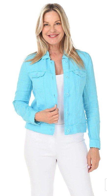 Lulu-B Frayed Linen Jacket Clear Turqouise Blue LIN7403 Large