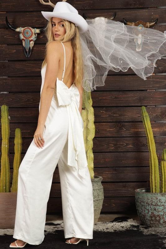 Lulus Angelic Satin Bow Sleeveless Jumpsuit White XS Wedding GNO Party Pantsuit