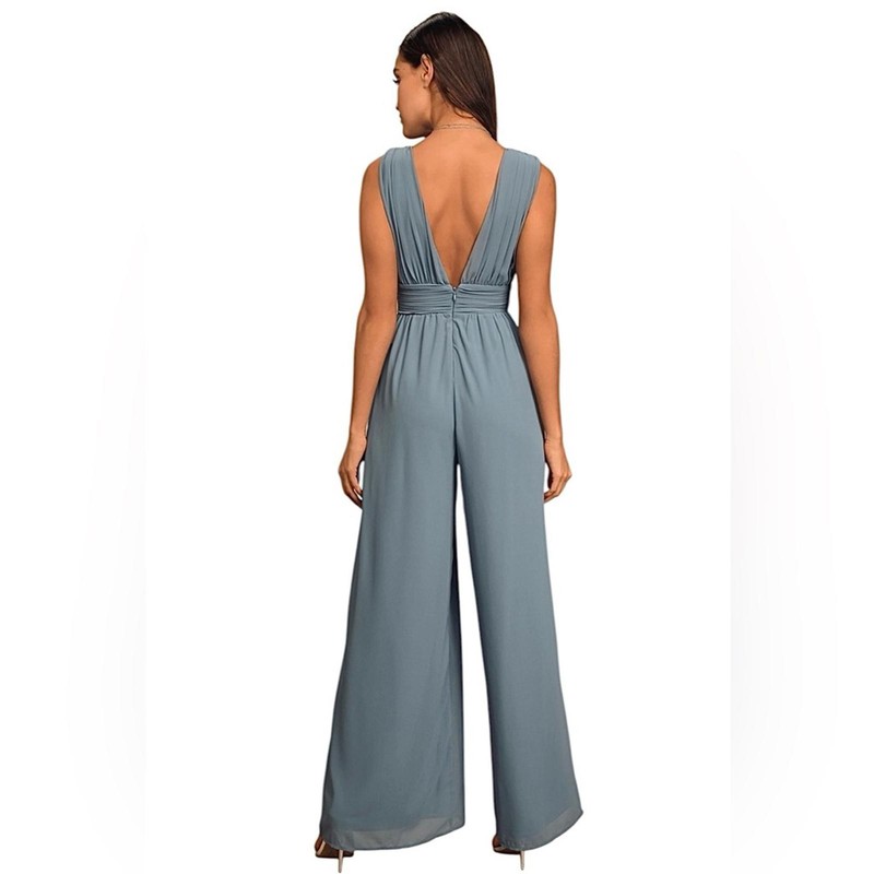 Lulus Divine Muse Slate Blue Plunging V Neck Wide Leg Jumpsuit Size XS NWT