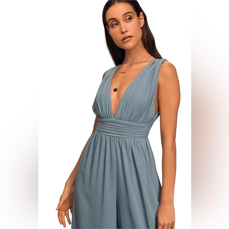 Lulus Divine Muse Slate Blue Plunging V Neck Wide Leg Jumpsuit Size XS NWT